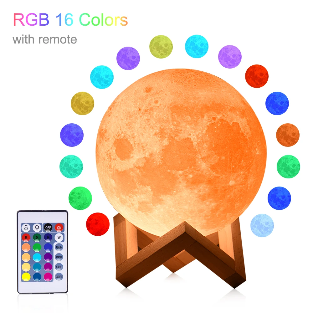 Rambery luna lučka 3D tiskanja noč svetlobe USB za Polnjenje lučka sveti 16 Barv Spremenite Oddaljeno LED ustvarjalne moon light darilo