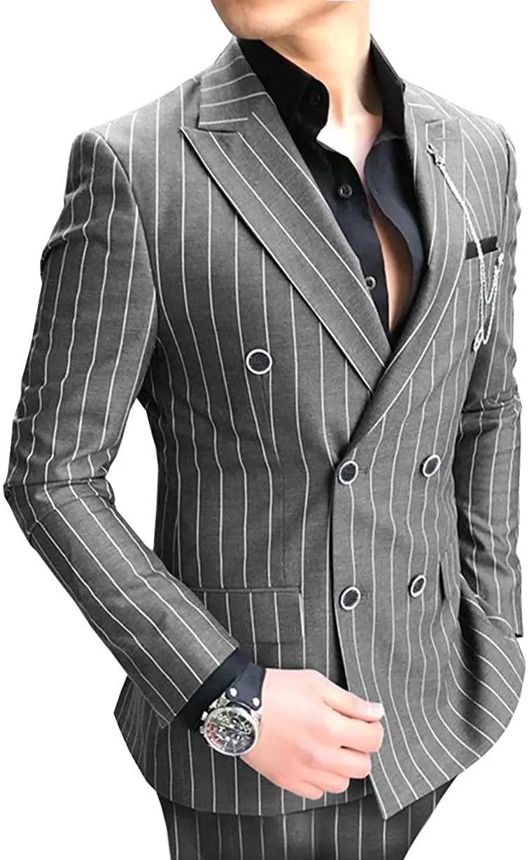 Formalno Moške Obleke, Regular Fit 2 Kos Volne Maturantski Klasičnih Prugasta Dvojno Zapenjanje Obleke Siva Tuxedos Podjetja Jakna Za Poroko