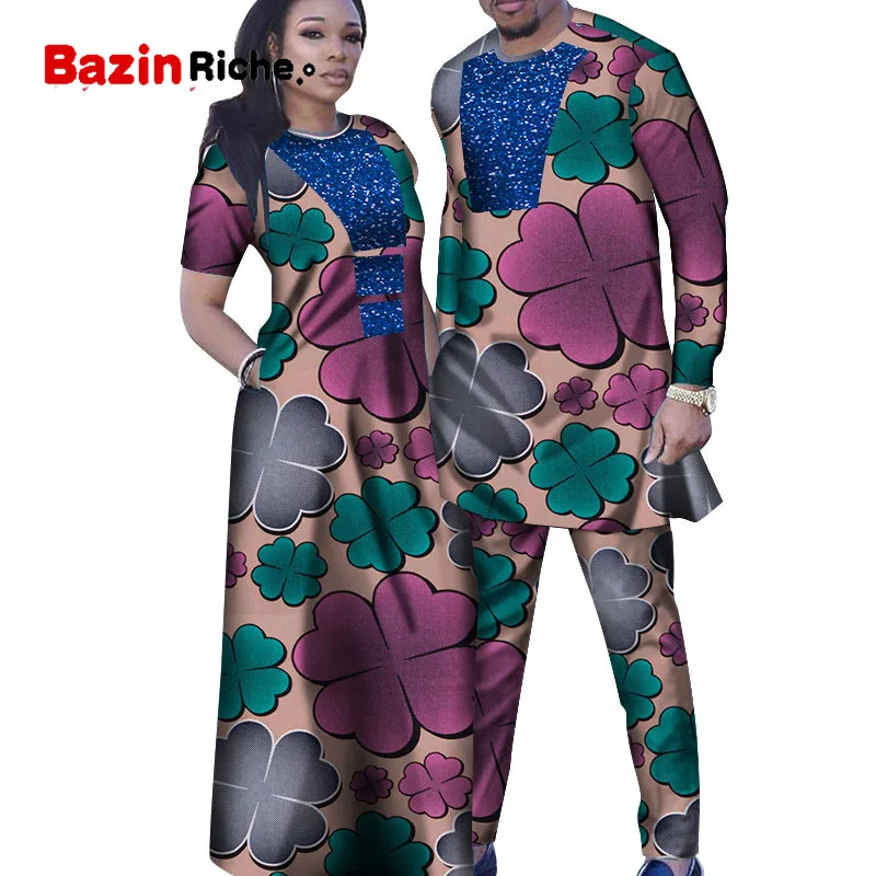 Afriške Obleke za Ženske Bazin Mens Majica in Hlače Določa Ljubimec Pari Oblačila Tiskanje Preja Obleko Afriške Design Oblačila WYQ286