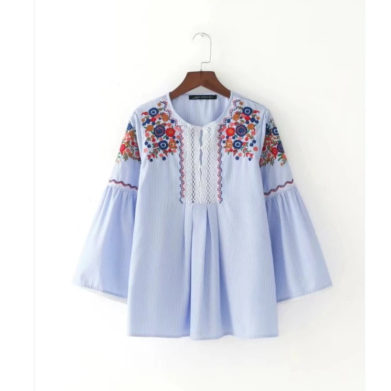 2017 ženske vintage moda cvet Vezenje Črtasto Majico bluze čipke mozaik vrhovi retro roupas femininas srajce LS1205