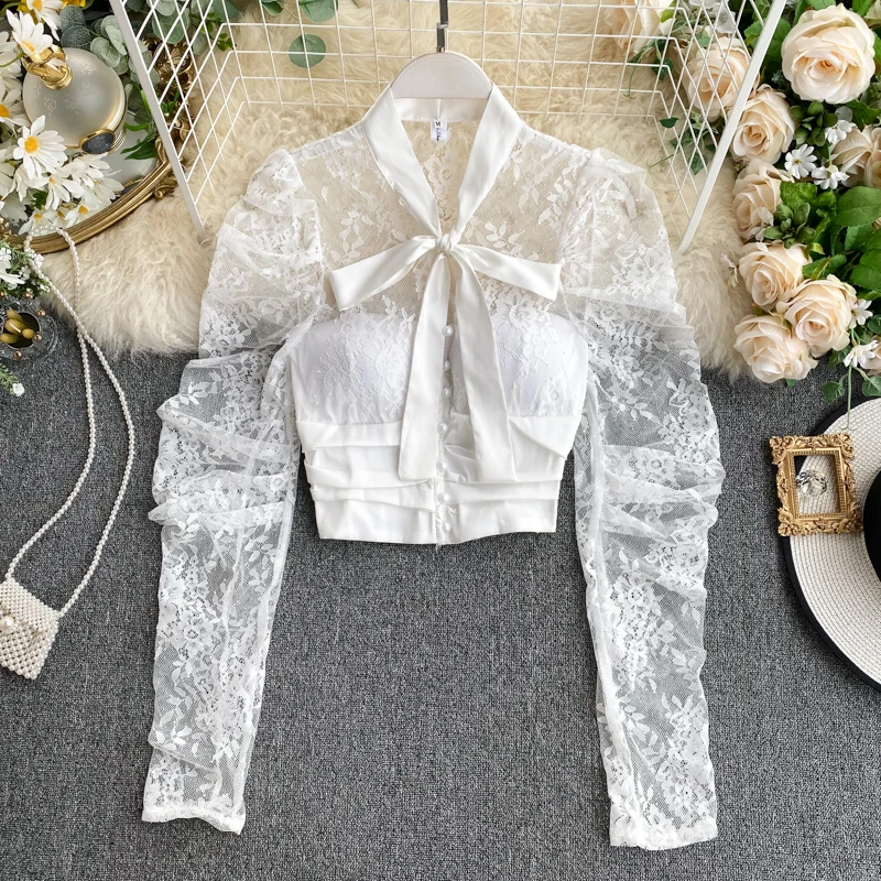 2021 Pomlad Koreja Moda Za Ženske Elegantne Bele Long Sleeve Majica Slim Čipke Bluzo Blusas Mujer De Moda H177