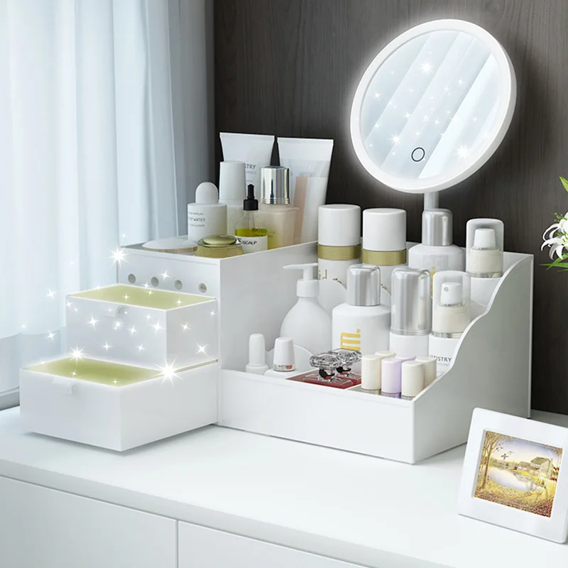 LED Ogledalo Ličila Organizator Kopalnica, Velika Zmogljivost Predal Ličila Škatla za Shranjevanje Nego Kože Toaletno mizico Dekle Kozmetični Primeru Lepote