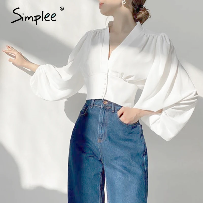 Simplee Elegantna luč dolg rokav bluzo ladie Majice ženske gumb gor majico oblačila Slim-fit odrezana letnik top majica ženska