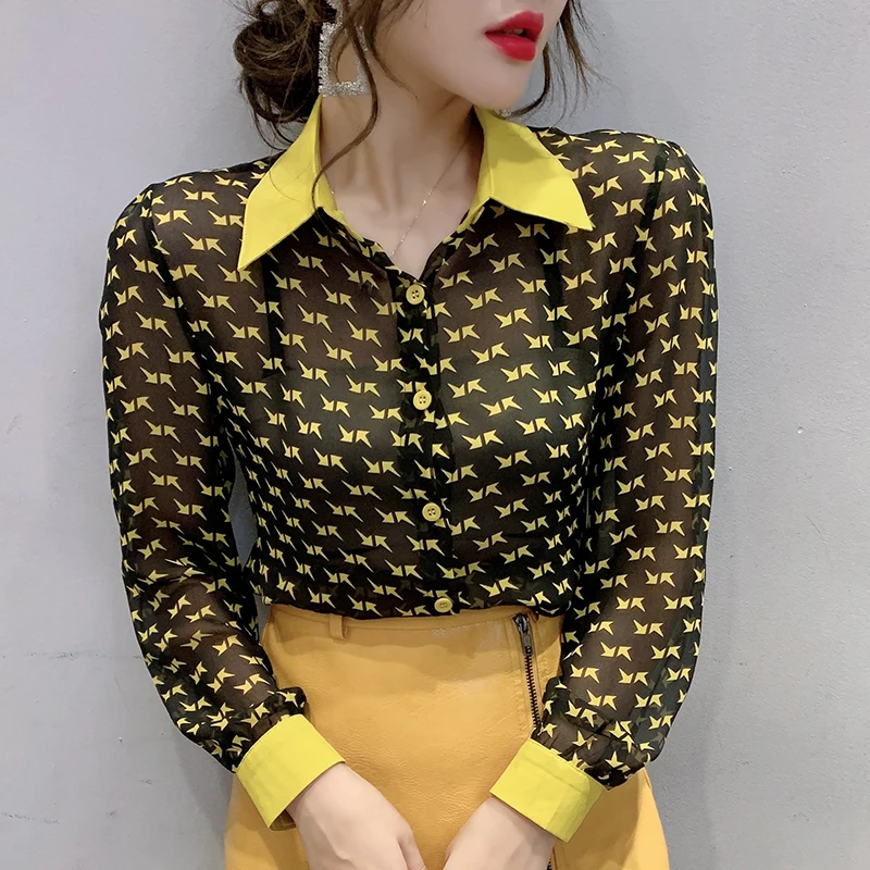 Moda Korejski Oblačila Mozaik Tiskanja, Kontrast, Barve Bluzo Ženske Majica 2020 Novo Pomlad Poletje Šifon Ropa Mujer Vrhovi T02523