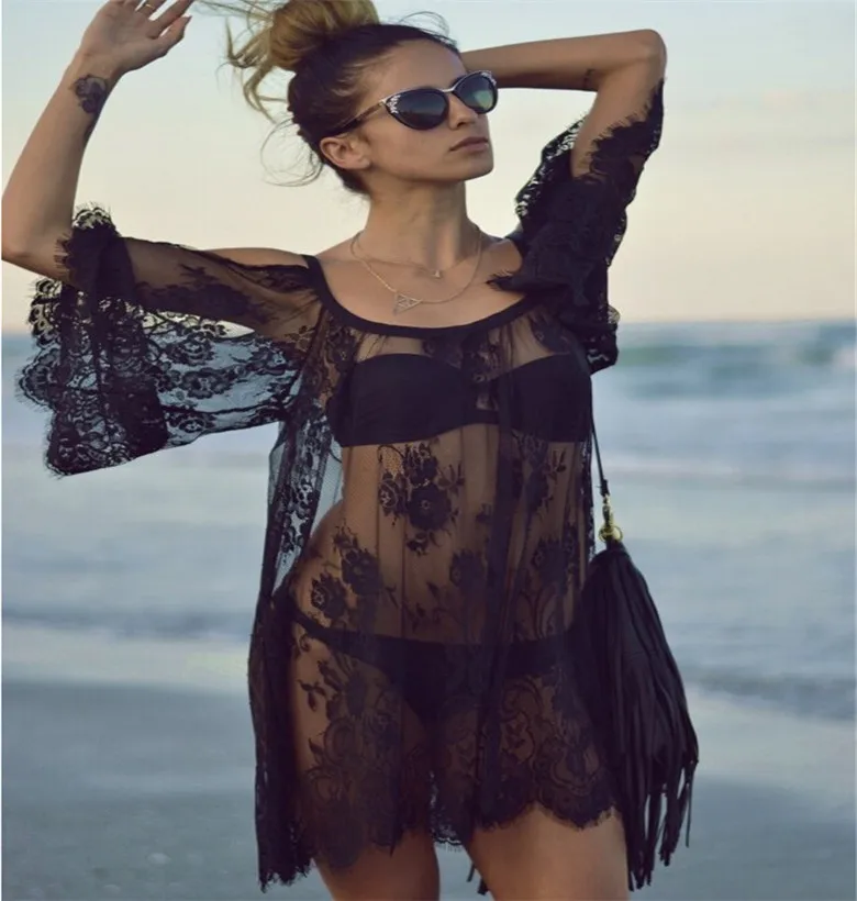 YAYEYOU Lady Čipke Bluzo Velik Plus Size Off Ramenski Plaža za zaščito pred soncem kopalke prikriti Poletje Odklon Sexy Majica Bele ženske