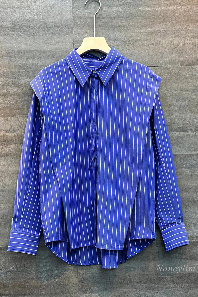 Blue Stripe Majica za Ženske do leta 2020 Jeseni Nov Vrh Naguban Kontrast Barvne Trakove Dolg Rokav Priložnostne Svoboden Ženska Bluza
