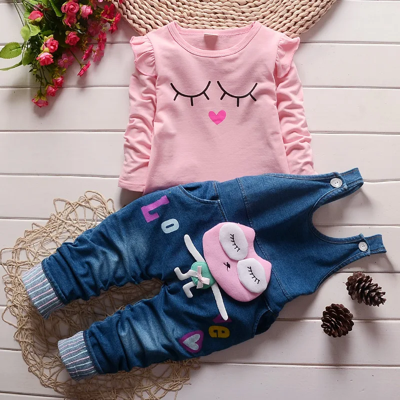 Nov Baby Girl Obleke DVEH KOSOV T-majico in Jeans Dekle Obleko Bebek Giyim Otroška Oblačila