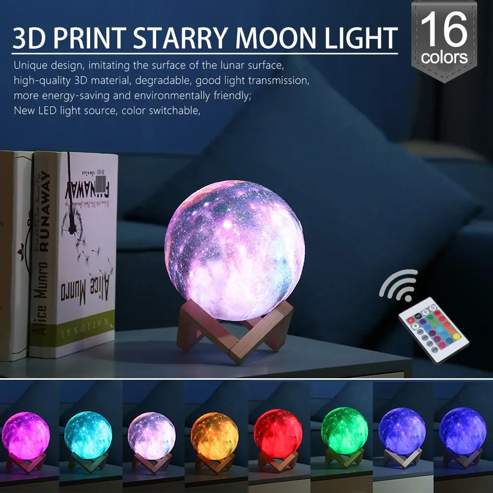 Nov Prihod Dropship 3D Tiskanja Zvezda, Luna Lučka Pisane 16 Barv Spremenite Dotik Stikala USB Noč Svetlobe Ustvarjalno Darilo Doma Dekor