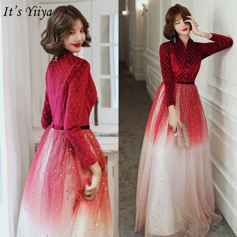 To je Yiiya Večerno Obleko Elegantno Burgundija Gradient Večerne Obleke Proti-vrat Plus Velikost Formalno Halje Dolgo haljo de soiree LF175