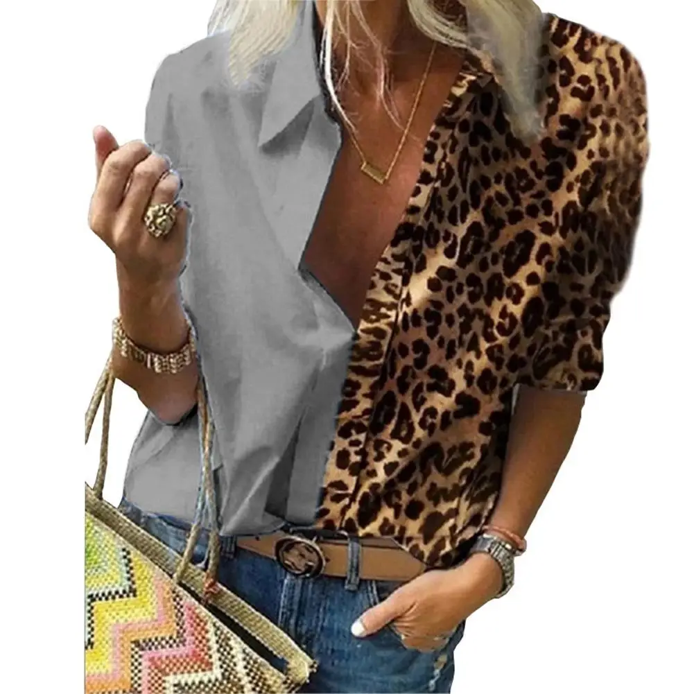 Urad Dama Dolg Rokav Leopard Mozaik Barve Blok Rokavi Ženske Šifon Bluzo Priložnostne Plus Velikost Vrhovi