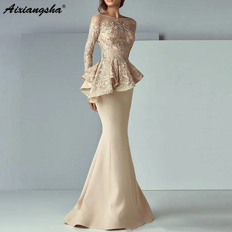 Šampanjec morska deklica Večerne Obleke Dolgo Večerno obleko z Dolgimi Rokavi Čipke Peplum abiye Haljo De Soiree Elegantno Formalno Obleko