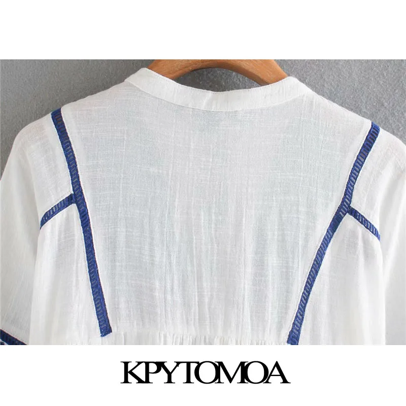 KPYTOMOA Ženske 2020 Moda Vezenje Mozaik Svoboden Vintage Bluze z Dolgimi Rokavi Vezani Tassel Ženske Majice Blusas Elegantna Vrhovi