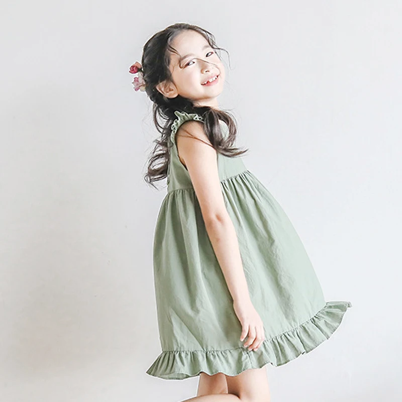 Zelena obleka starost za 6 - 14 let najstnice brez rokavov šifon ruffle obleko poletje preprost kitajski slog backless otroci frocks