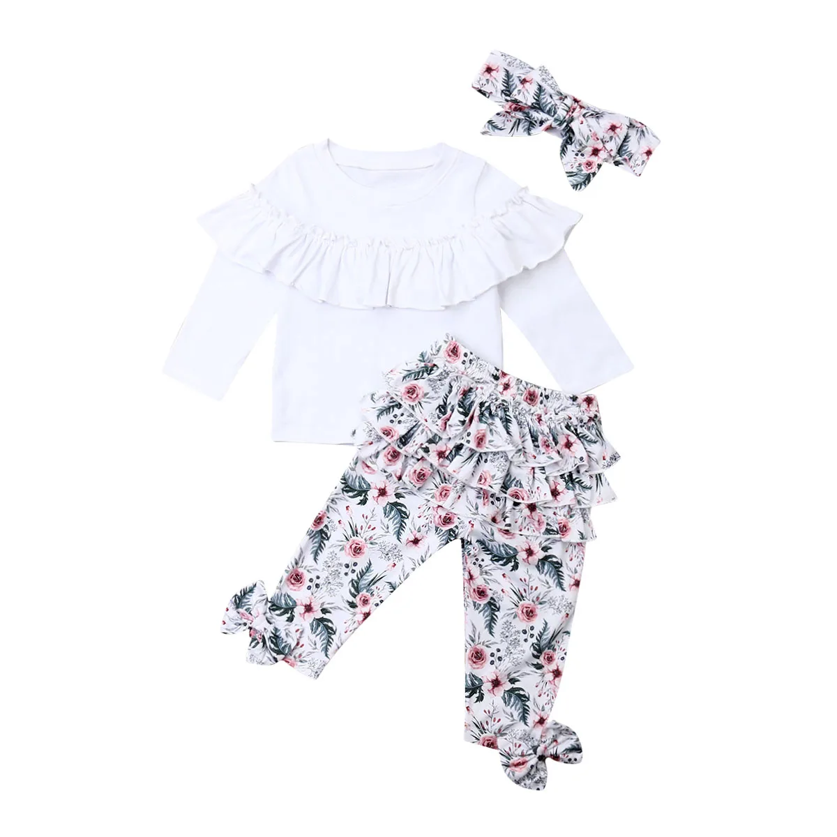 Pudcoco 0-5Y Malčke Baby Dekleta Obleke, Kompleti Jesensko Zimske Obleke Bele Ruffle Vrhovi Cvetlični Hlače Glavo 3Pcs Obleke Set