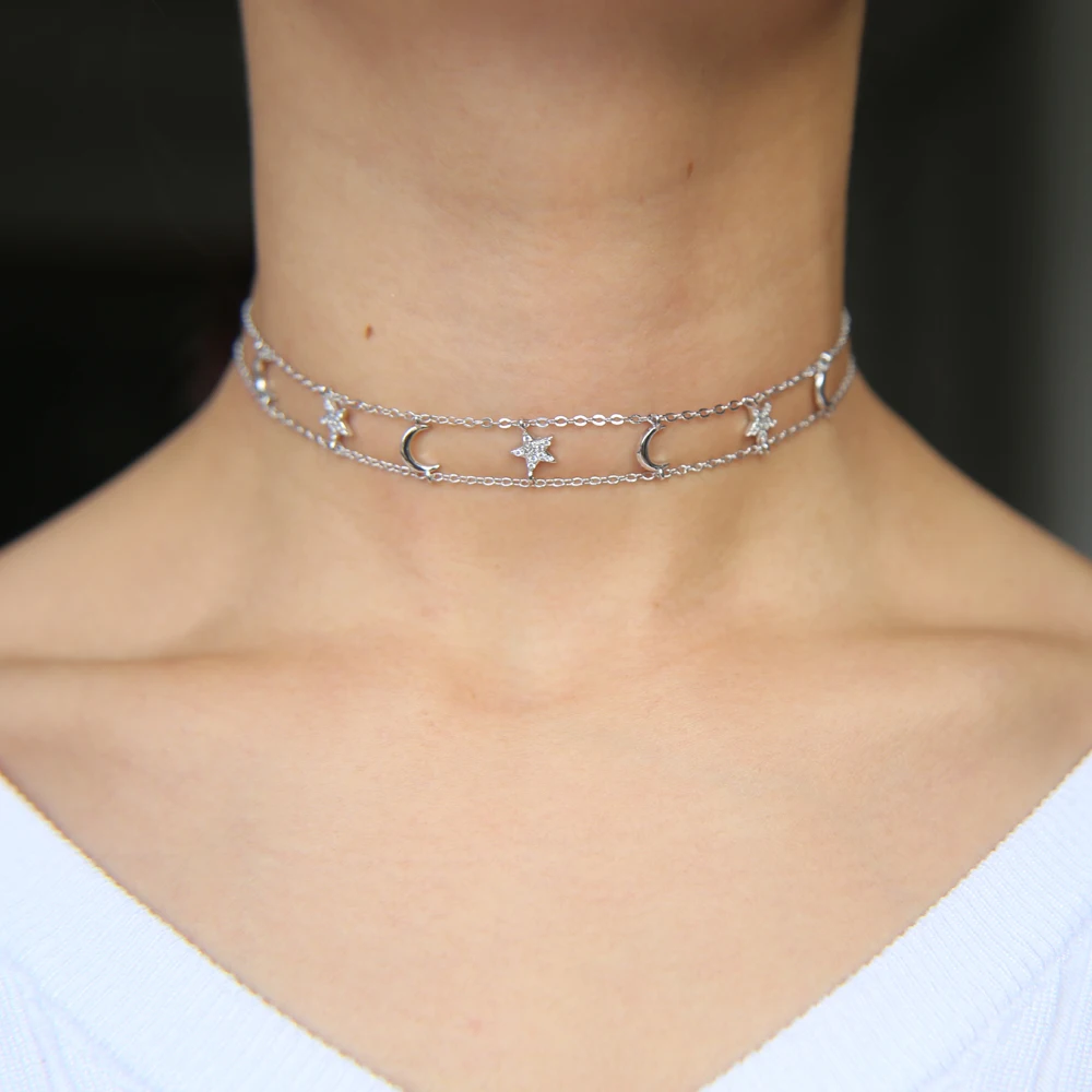 Modni nakit Srčkan luna star dvojno verigo izjavo choker design ženske 3 barve trendy klasičnih cz star ogrlica chocker
