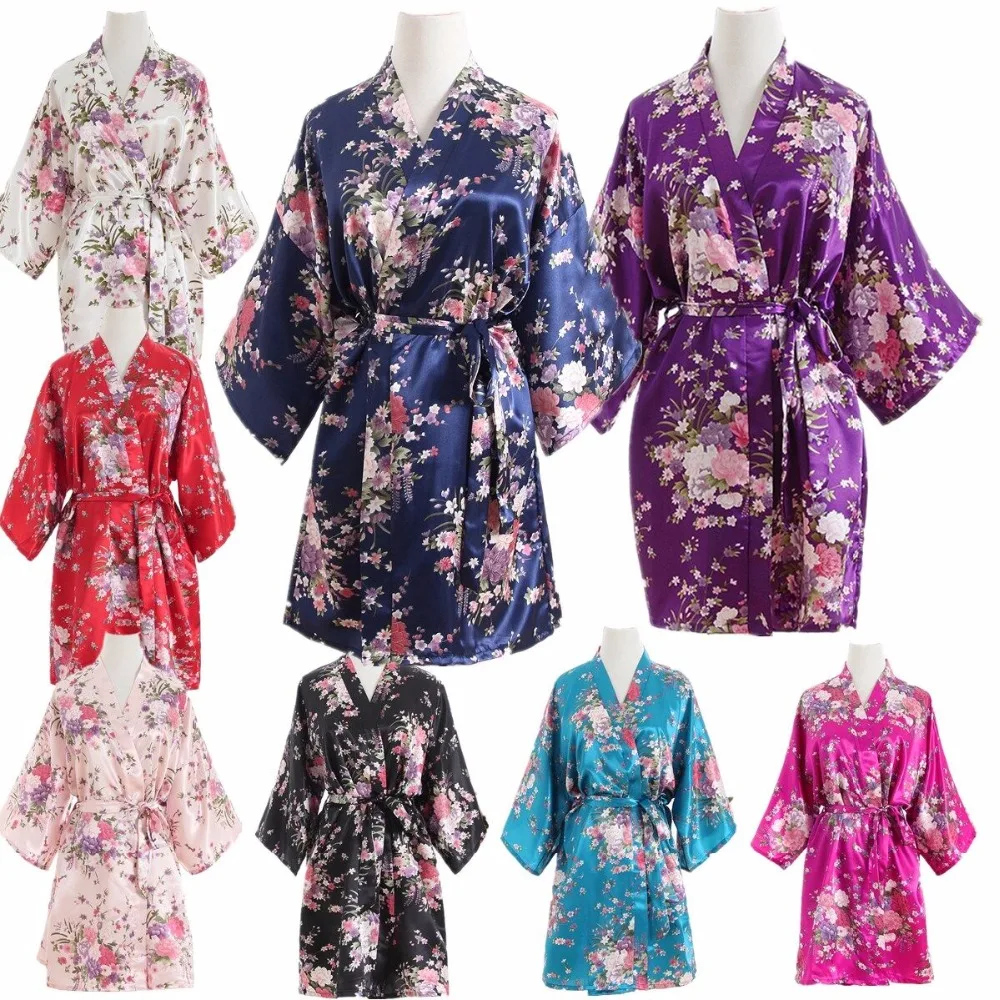 Vroče Saten Svila Poroko Neveste Družico Haljo Češnja Cvetlični Kopalni Plašč Kratek Kimono Plašč Noč Kopel Haljo Hišna Obleke Za Ženske