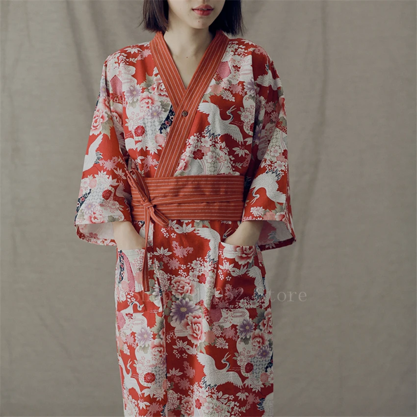 Japonski Žerjav Bombaž Kimono Dress Vintage Ženska Tradicionalnih Pižamo Krap Moških Haori Nightgown Sleepwear Yukata Pasu Oblačila