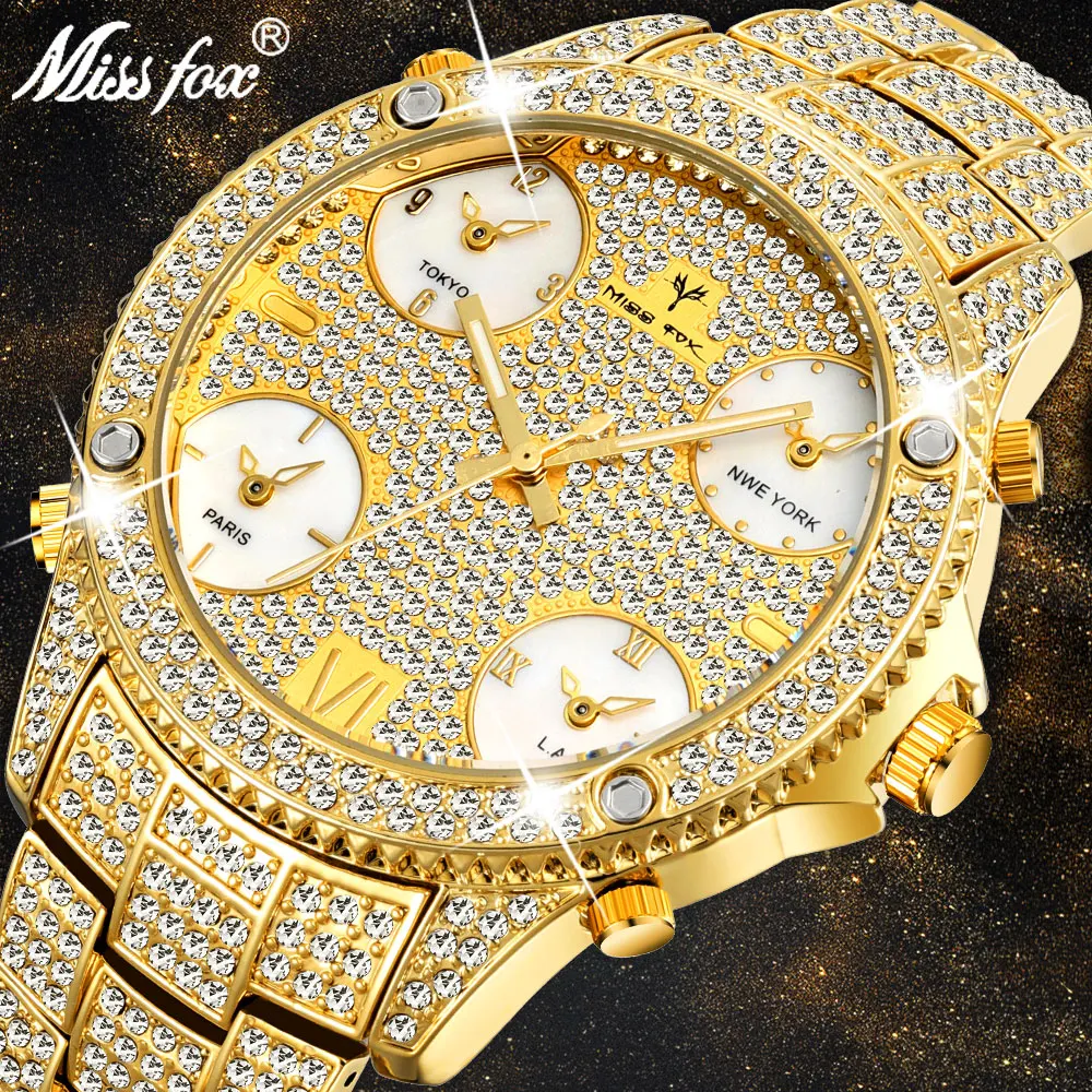 MISSFOX 51MM Prevelik Big Izbiranje Luksuzni Watch Moških Diamond Naglašenih Primeru S 5 Quartz Movt Analogni Moški Zlato Poslovnih Zapestje Gledati
