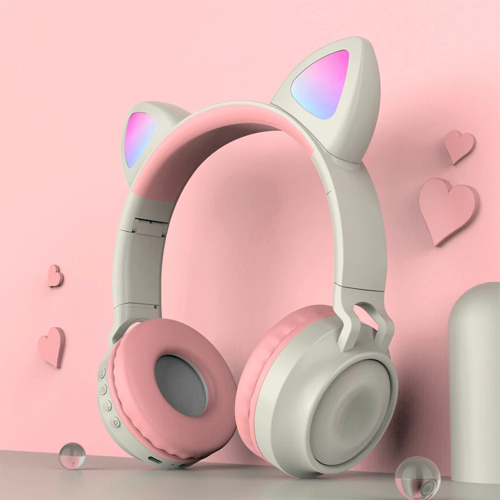 Luštna Mačka Ušesa Bluetooth 5.0 Zložljive Slušalke Na Uho Brezžične Stereo Slušalke z Mikrofonom LED Luči, FM Radio TF Kartice Slušalke