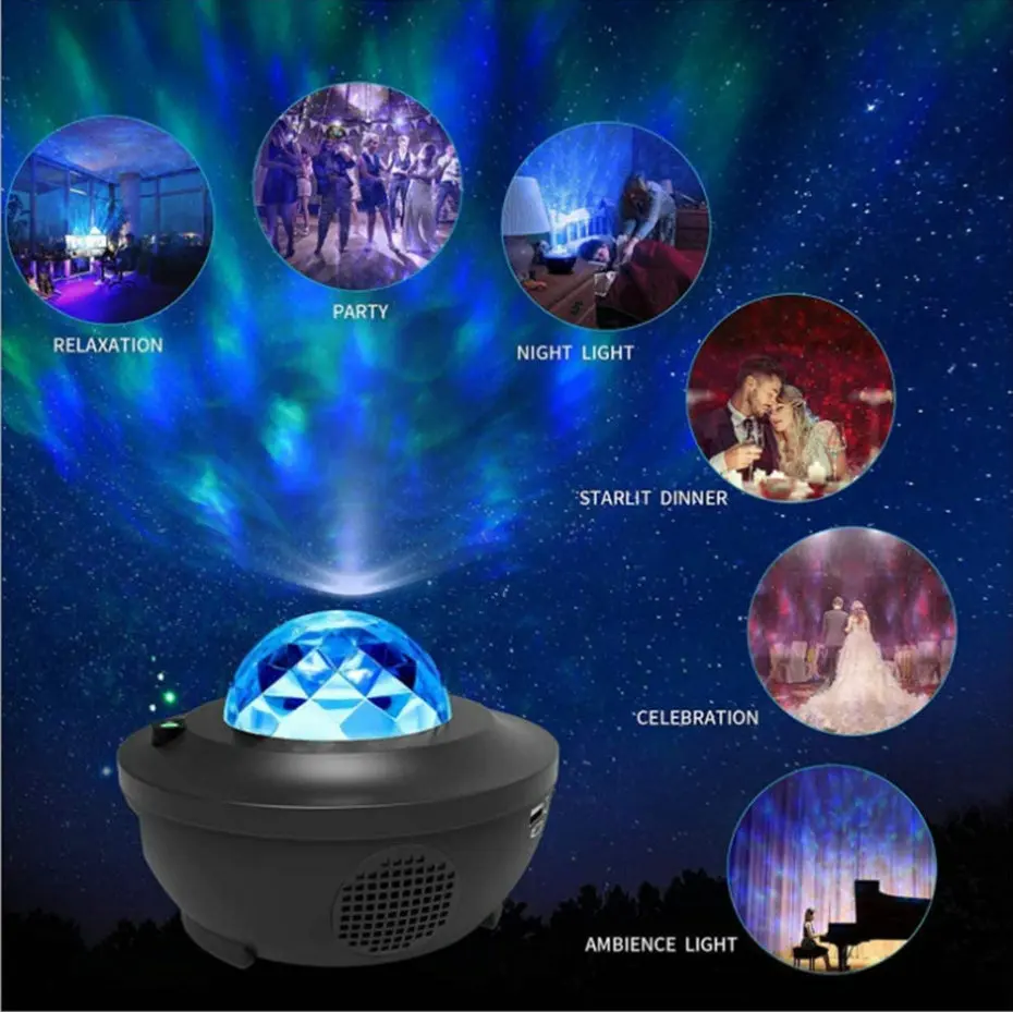 LED Star Ocean Val Projektor Noč Svetlobe Galaxy Zvezdnato Nebo Projektor Nočno Svetilko Z Glasbo Bluetooth Zvočnik Za Otroško