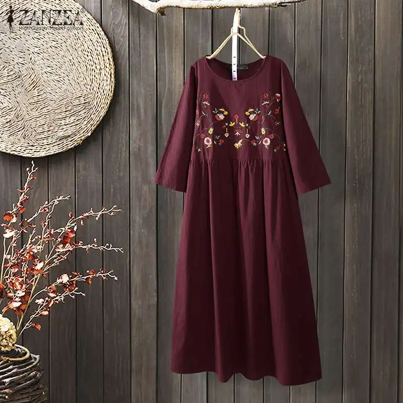 ZANZEA 2021 Priložnostne Cvetlični Bohemia Sundress Plus Velikost Stilsko Vezenje Obleko Žensk SummerVestidos Ženski Priložnostne Haljo M-5XL