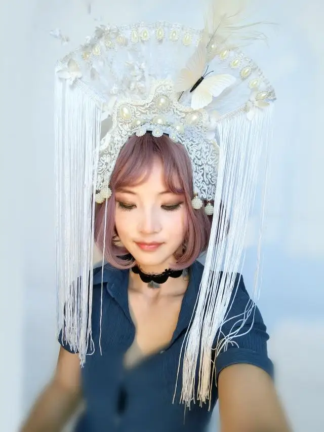 Kitajski slog T fazi caterpillar headdress temno čipke tassel ličila ličila fan