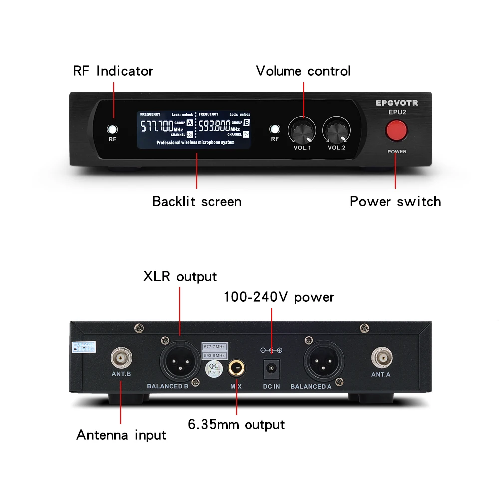 EPGVOTR 2 Kanali, UHF Brezžični Mikrofonski Sistem EPU2 z 2 Material, Kovinski Ročni Oddajniki za Fazo Cerkev Družina DJ