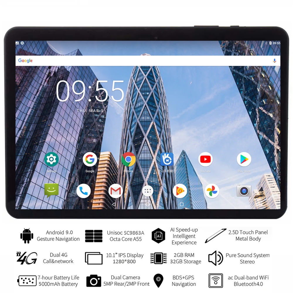 Novo 10.1 Palčni Google Play Tablet Android 9.0 Jedro Octa 4G LTE Telefonski Klic, WiFi, Bluetooth 2.5 D, Kaljeno Steklo 1280*800 IPS Tablet