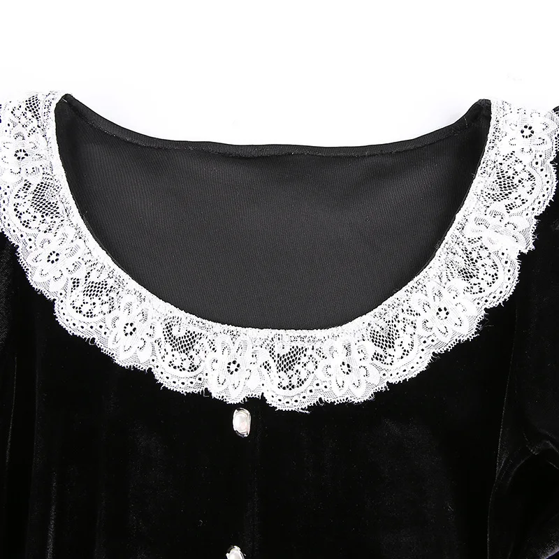 Black Retro Ženske Stranka Obleko 2021 Jeseni Lady Čipke Mozaik Gumb Imperij O Vratu Mini Dolgi rokav Elegantne Obleke Vestidos