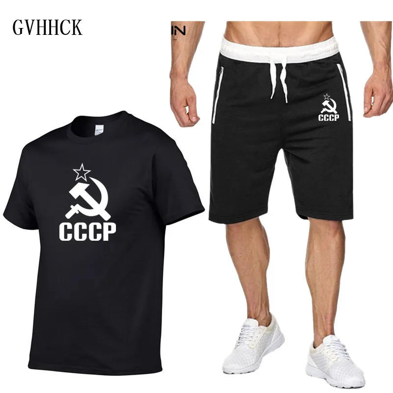 Moda CCCP T Srajce nova trenirka moški dvodelni kratke hlače+t-majice poletje kul Obleko Moški ZSSR Sovjetski KGB T-Shirt Obleko