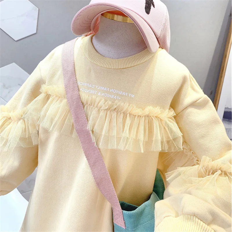 Otroci Deklice Dolg Rokav Znoj-obleka s Čipko Pomlad Jesen Modne Obleke za Otroke, Otroška Trdna Puloverju Shirt Obleko Priložnostne