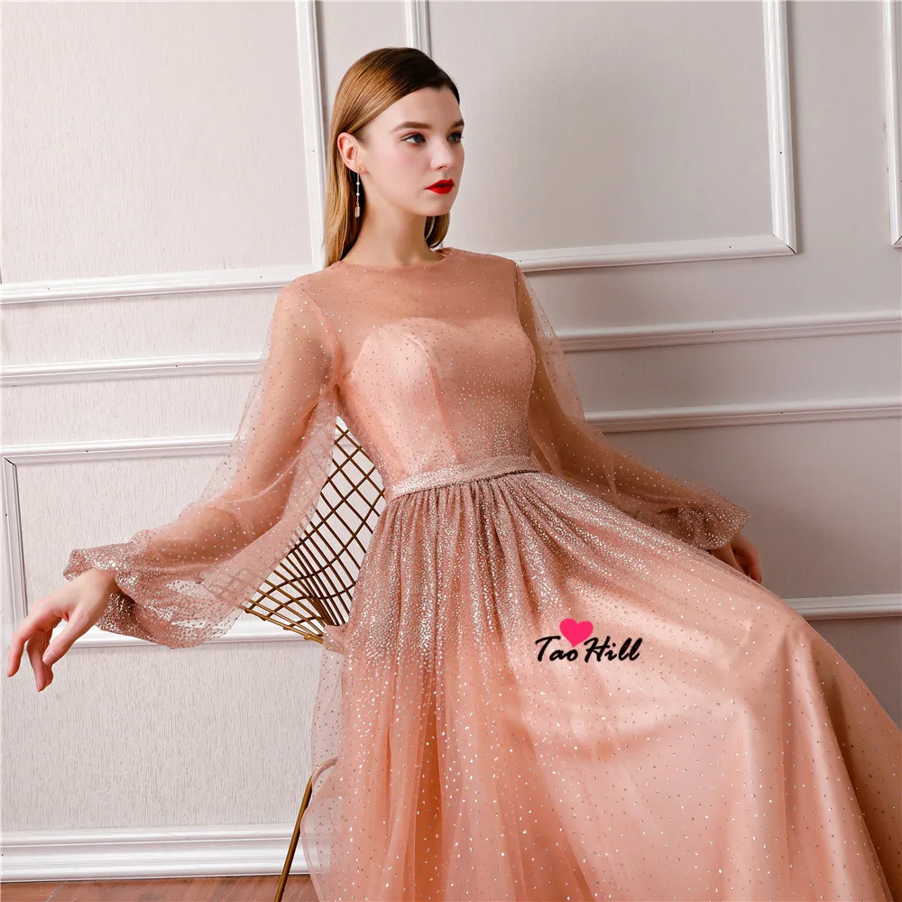 TaoHill Ženske Obleka za Poročno zabavo-line O-vratu Svetlečega Materiala Roza Dolge Rokave Večerno Obleko