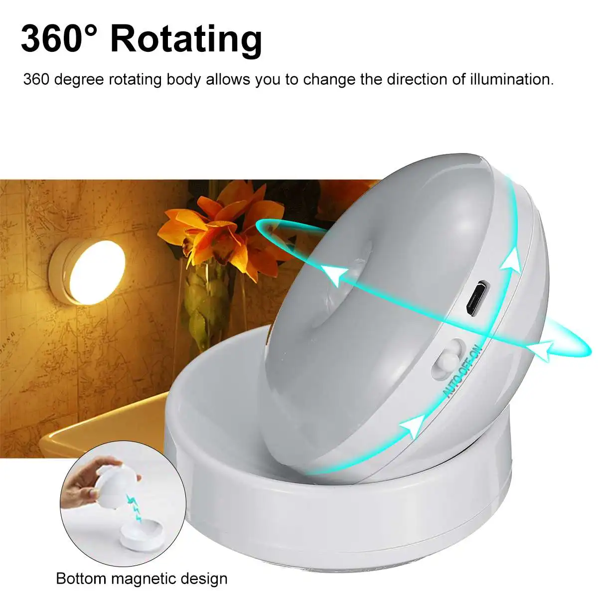 360 Stopinj Rotacija, LED Senzor Gibanja Ponoči Luči USB Polnilna Svetilka z Magnetno Bazo za Stopnice Spalnica, Kopalnica, Kuhinja